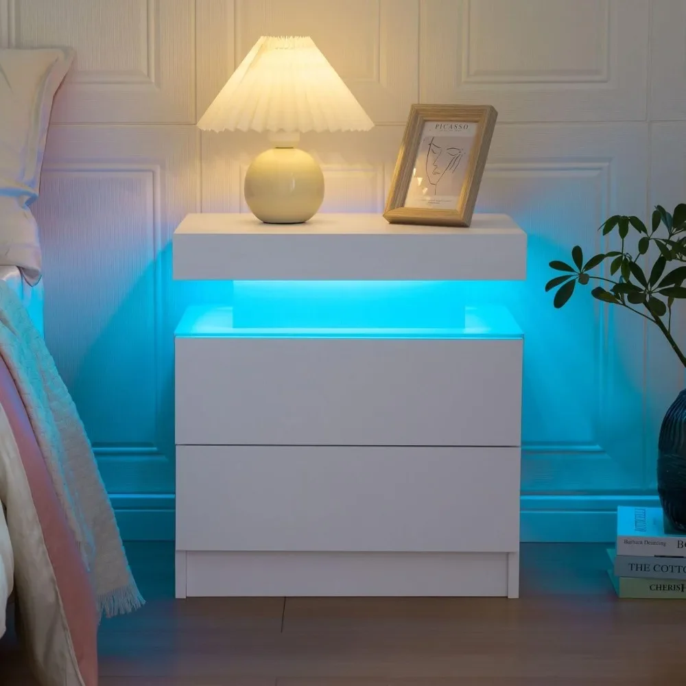 

LED Nightstands with 2 Drawers, End Table with RGB LED Lights for Bedroom Living Room, White Bedside Table