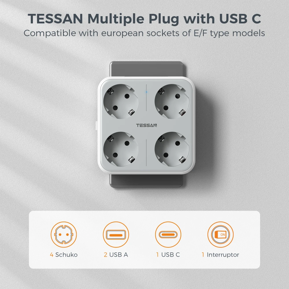 TESSAN EU Mulitple Wall Socket with On/Off Switch 4 AC Outlets 3 USB Charging Ports 5V 3A Wall Power Strip Overload Protection