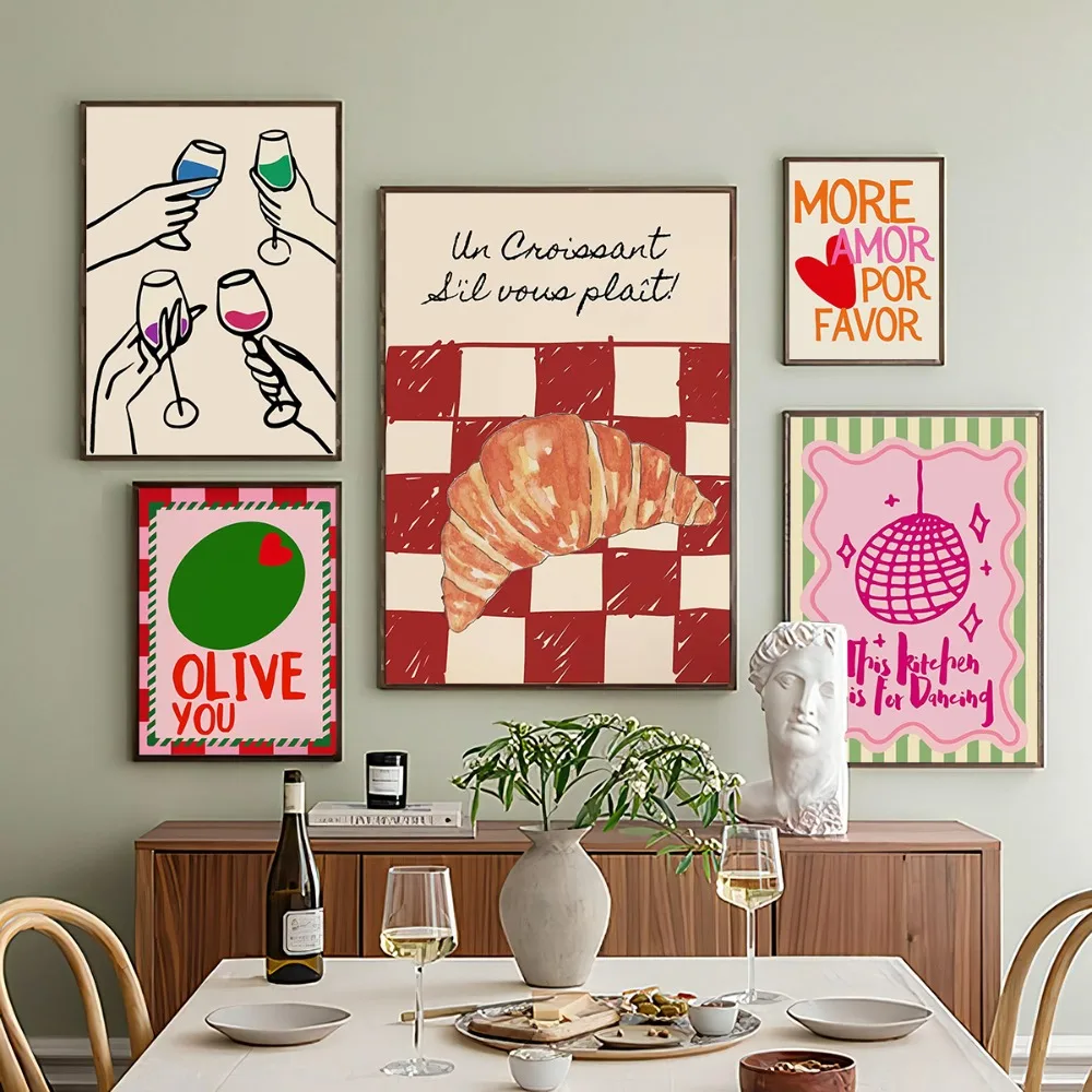 1pcs Frameless Classic Retro Poster Abstract Canvas Painting More Love Croissant Chili Printing for Kitchen Restaurant Decor