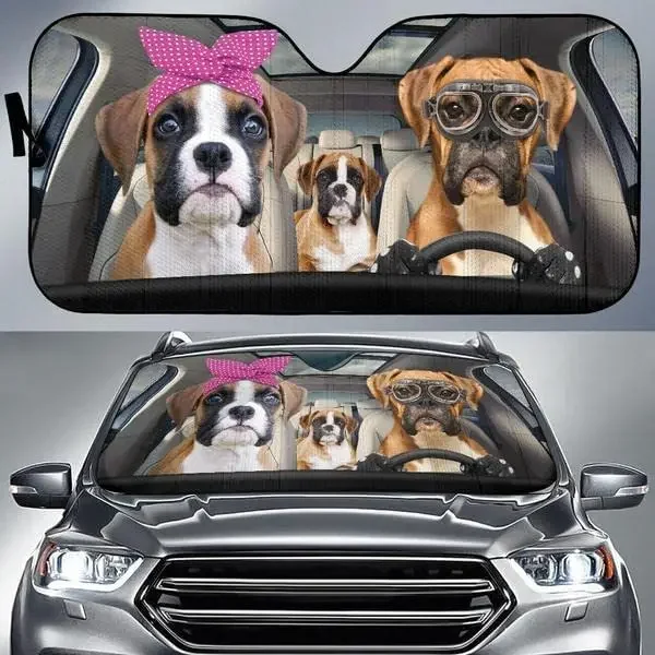 Funny Boxer Family Left Hand Drive Car Sunshade, Cute Boxer Dogs Driving Auto Sun Shade, Gift for Boxer Dog Lover Car Decoration