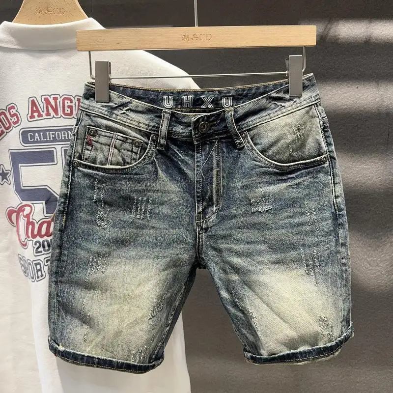 Durable High-End Denim Shorts For Men Clothes Trendy Slim Fit Youth Five-Point Tough Guy Half-Leg Vintage Pants Streetwear Jeans