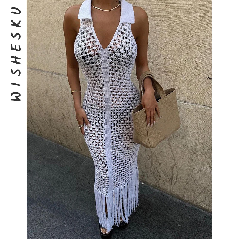 

Fishnet Hollow Out Patchwork Dress Women Tassel Solid See Through Sexy Sheath Y2K Casual Summer Midnight Clubwear Party Vestidos