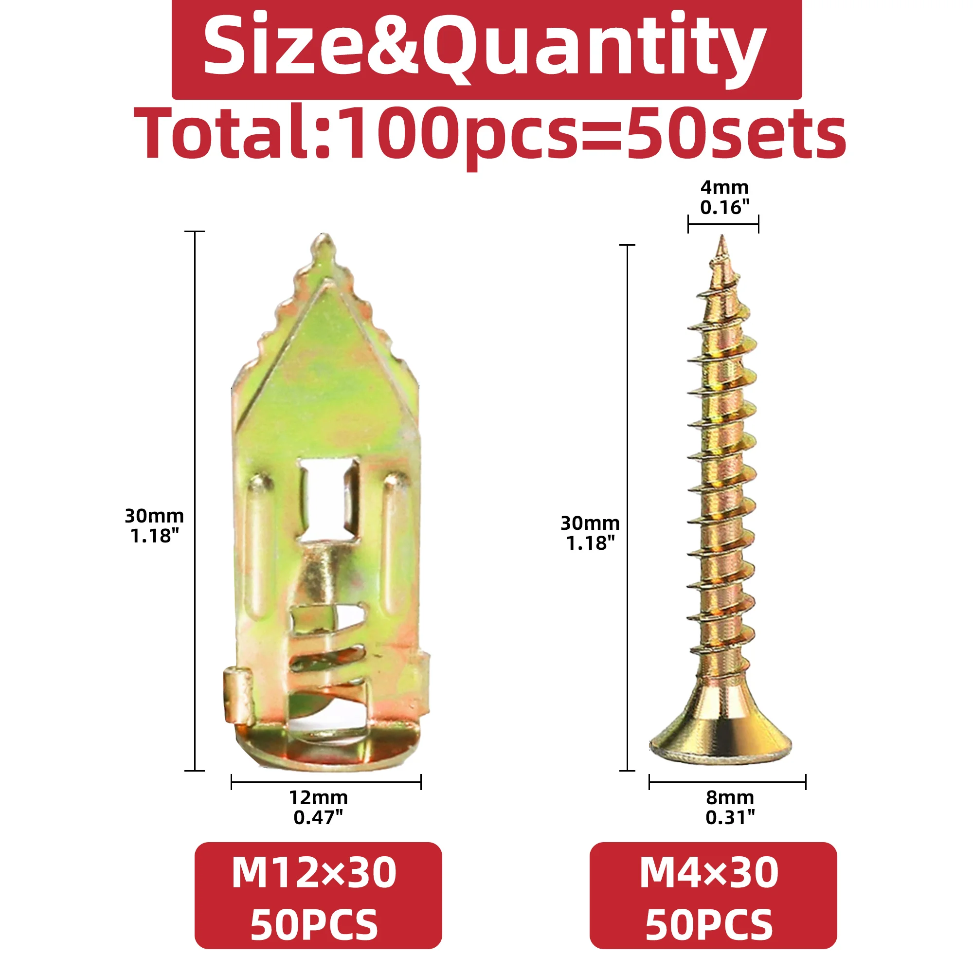 100pcs Self Drilling Drywall Anchors with Screws Expansion Nail Self-Tappe Screw Kit Heavy Duty Metal Wall Anchors 12X30mm