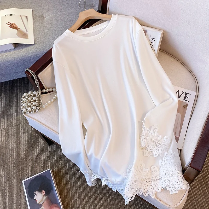 

Футболка Lace Splice Long Sve, женская осенне-зимняя внутренняя одежда, верхняя одежда средней длины, модная круглая футболка Ne Cotton Blend