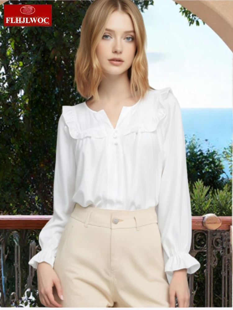 

Cute Sweet Tops Short New Design 2025 Woman Preppy Style Japan Girls Flare Sleeve Ruffles Trim Edge Casual White Shirts Blouse