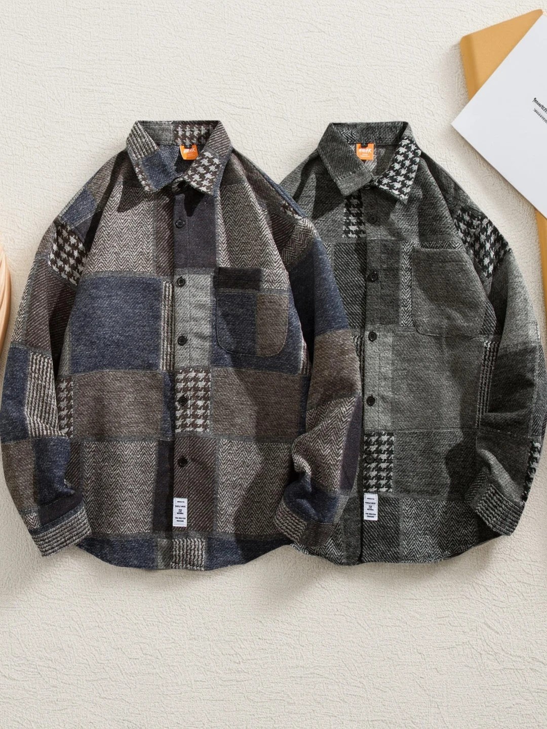 Retro Japanese Style Woolen Plaid Shirt Jacket Men's Loose Casual Long Sleeve Color Block Collar Button up Outerwear