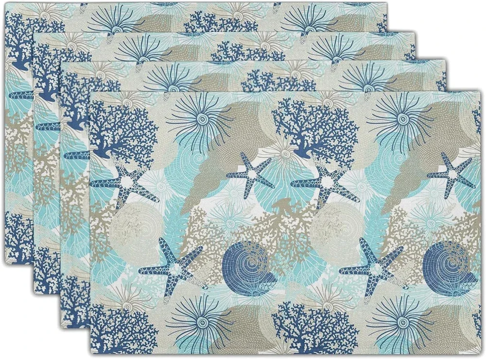 Blue Coral Conch Linen Placemats Non Slip Heat Resistant Mats For Ocean Theme Cafe Indoor Dining Table Ornament