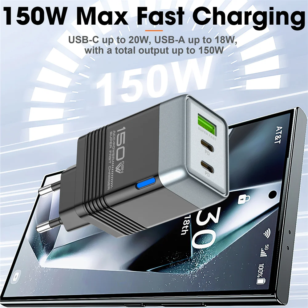 GaN 150W USB Type C Charger 3 in 1 USB PD Fast Charging Mobile Phone Charger Travel Adapter For iPhone Samsung Xiaomi EU/UK/US