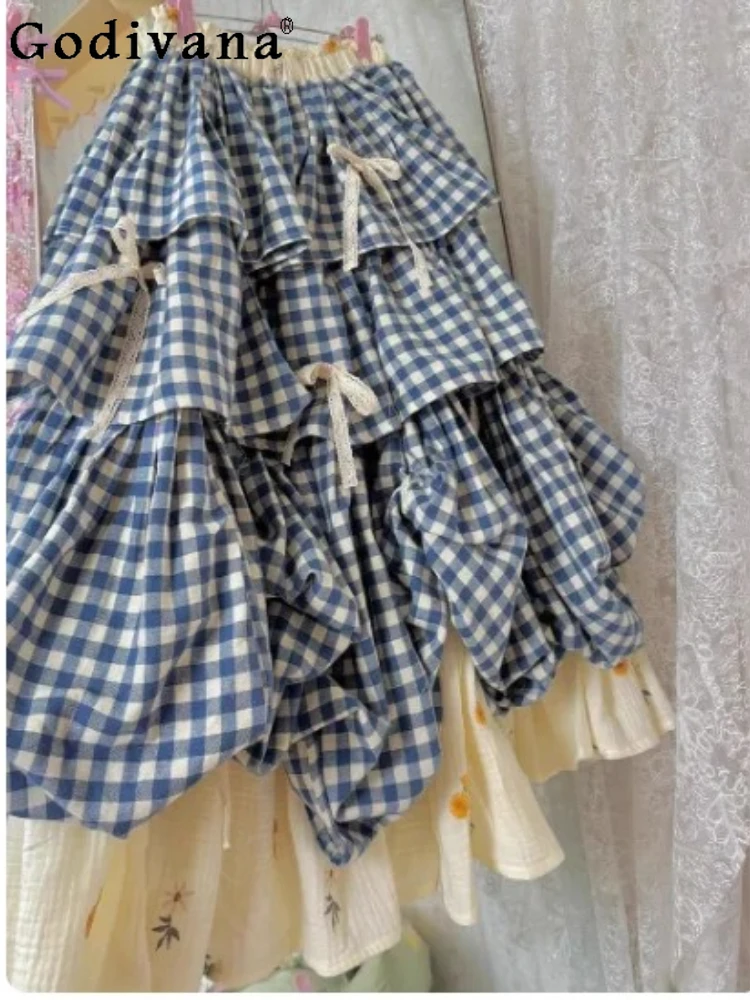 

Большой размер, синяя клетчатая юбка с бантом для девочек, весна-лето, новая мода, свободные универсальные корейские длинные юбки для снижения возраста