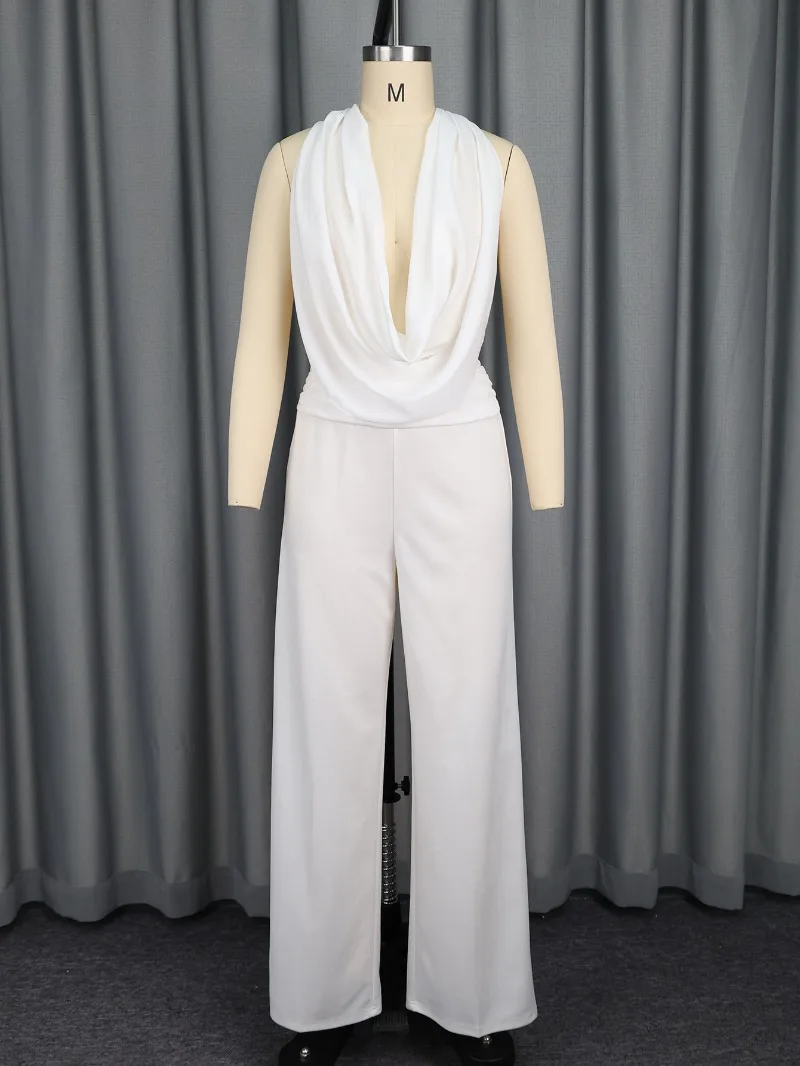 Ensemble 2 pièces pour femmes, couleur unie, décontracté, col oscillant, col licou, dos nu, débardeur + pantalon froncé, taille haute, jambes larges