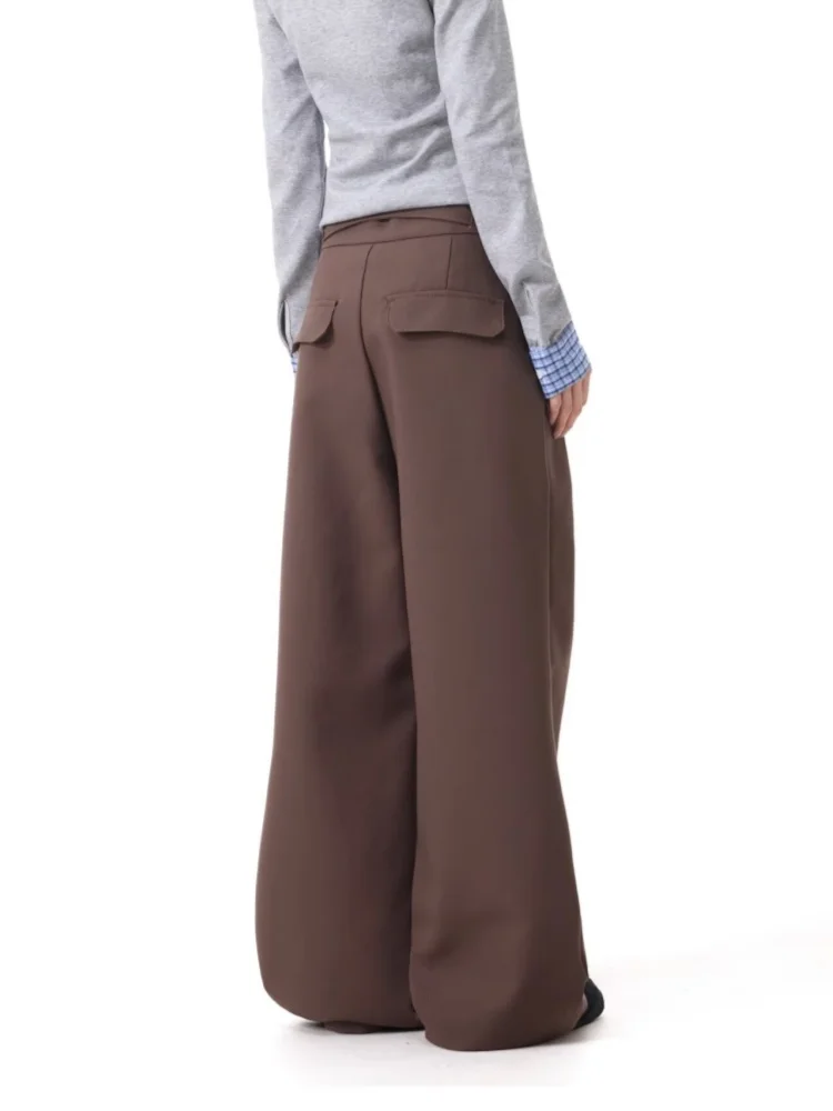 2025 tendencia Y2K estilo marrón plisado holgado Casual traje de mujer pantalones para mujer ropa de pierna ancha parte inferior recta pantalones largos