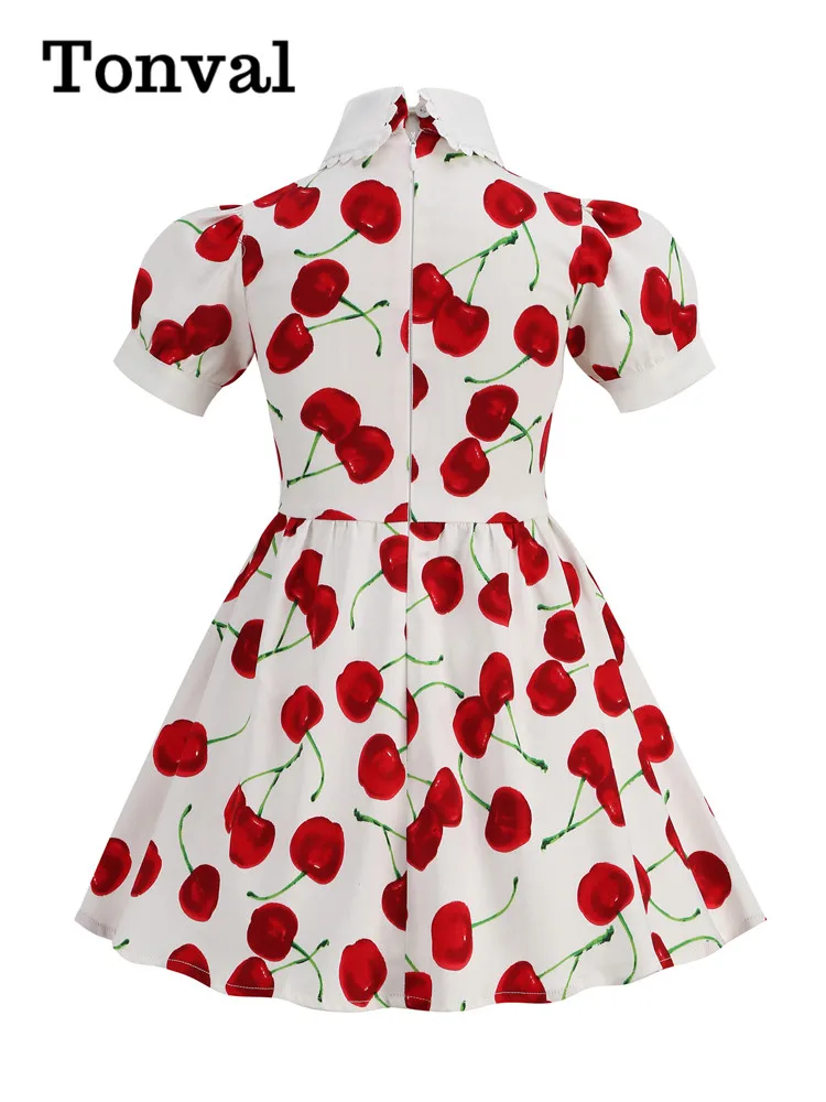 Tonval Princess Girls Birthday Party Dresses Cute Cherry Print 1950s Vintage Clothes for Kids Puff Sleeve Cotton Pleated Dress