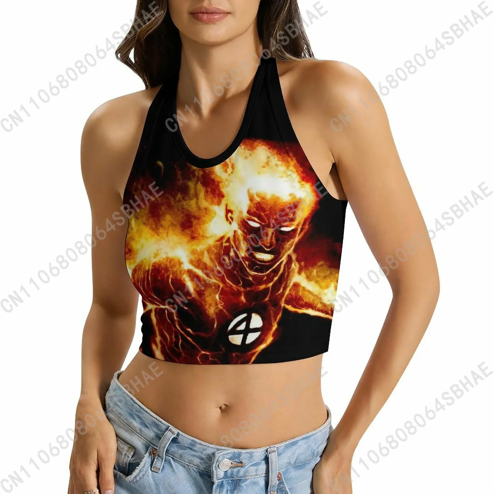 

Marvel Human Torch Custom Photo Women's Halter Top Personalized Picture Tie Back Cami Upload Your Gift Wife Girlfriend Cosplay