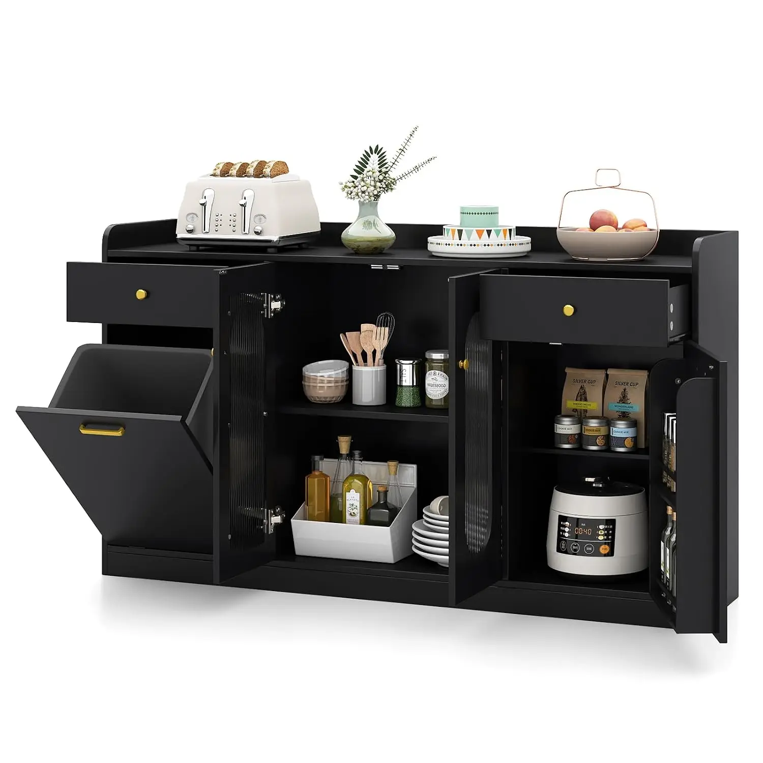 Farmhouse Buffet Cabinet w/Hidden Trash Can, Glass Doors, Drawers & Shelves, Sideboard Coffee Bar for Kitchen Dining Room
