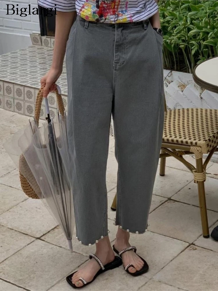 

Jeans High Waist Spring Summer Long Straight Pant Women Pearl Patchwork Fashion Casual Ladies Trousers Korean Style Woman Pants