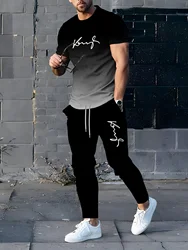 2pcs Summer Men's T-Shirts+Sport Long Pants Fashion Casual Sportswear Outdoor Fitness Letter Printing Top Male Tracksuit Outfit