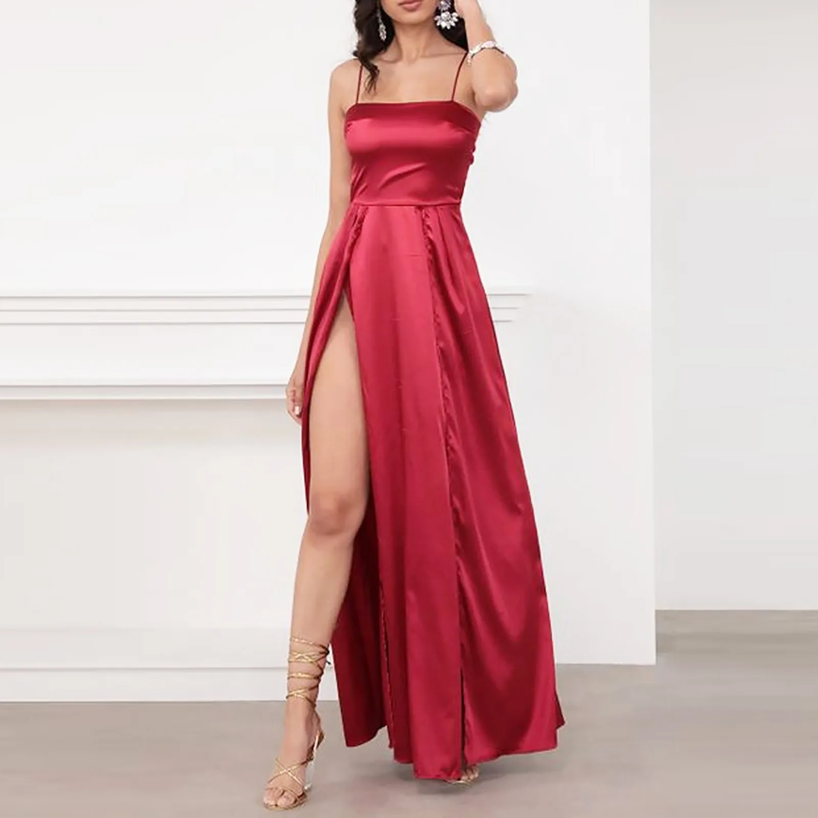 Robe de Soirée en Satin pour Femme, Sexy, Bretelles Spaghetti, Fibre Longue, Fente Latérale, Club Maxi, Été