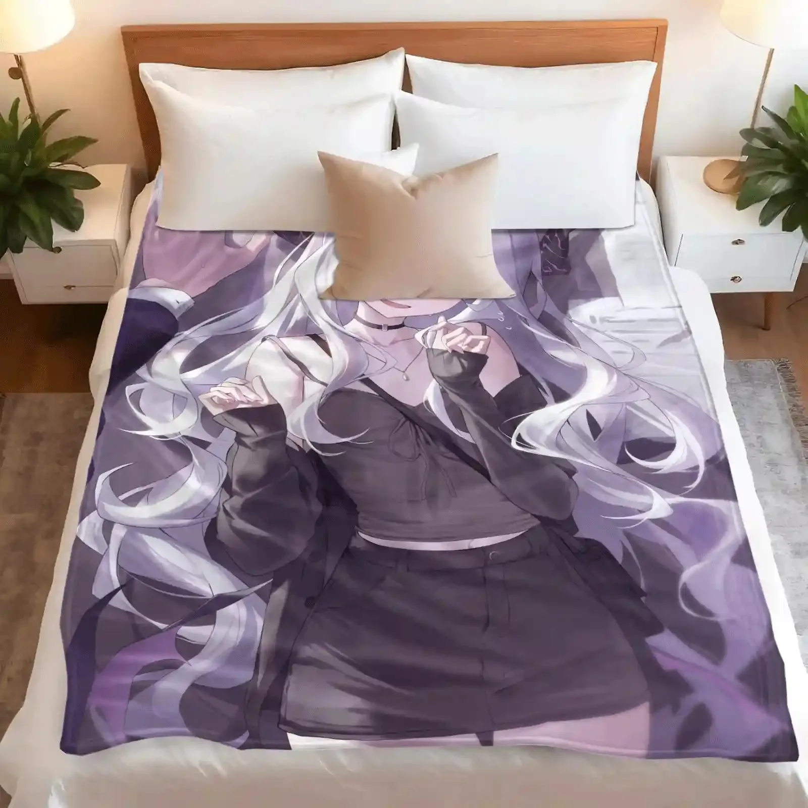 Anime Flannel Throw Blanket Hina Print White Long Hair Horns Dark Outfit Warm Sofa Bed Blanket Fan Gift