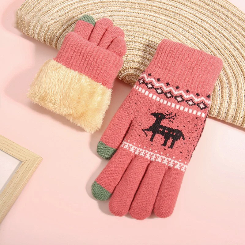 Deer Elk Jacquard Gloves Women Winter Christmas Style Touchscreen Thick Warm Knit Stretchy Soft Casual Daily Outing Gift Gloves