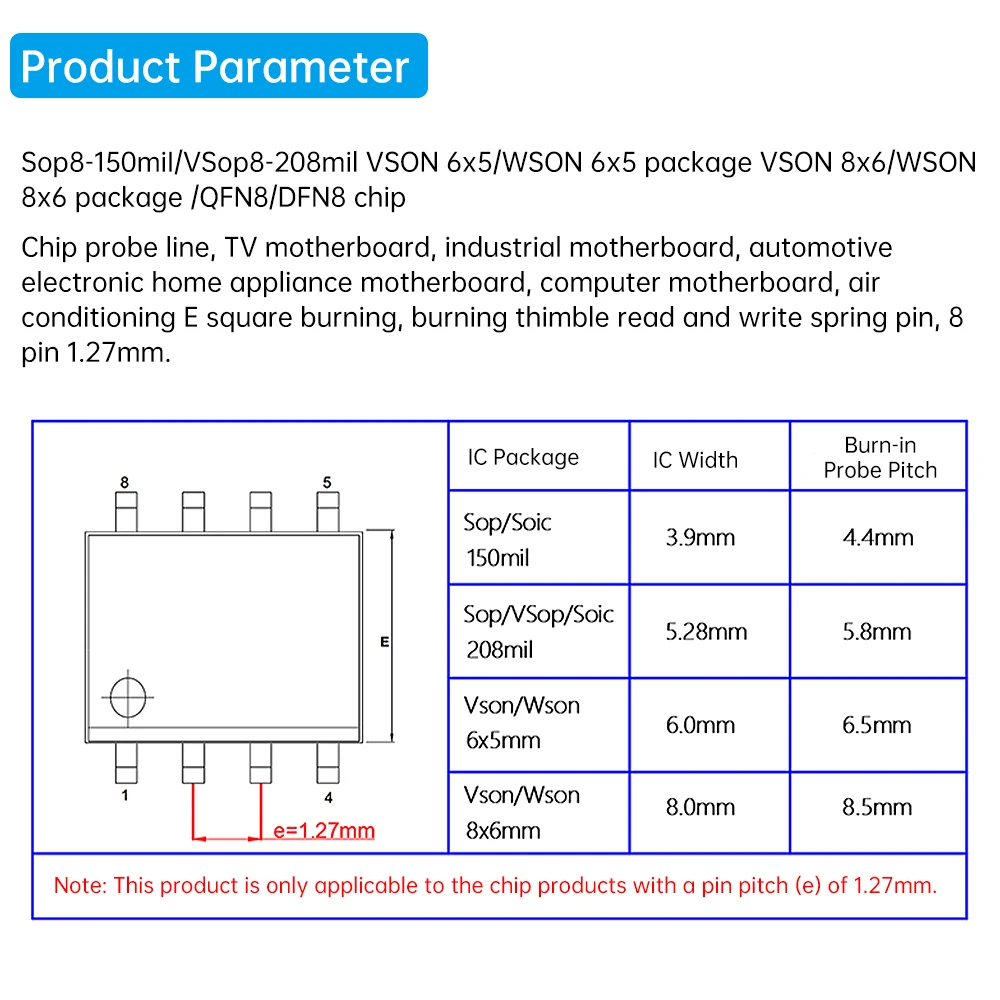 SOP8/WSON8/QDFN8 Chip-Download-, Brenn- und Lesesonde mit Federstift, Flash-Chip-Brenner mit Kabel, Abstand 4,4/5,8/6,5/8,5 – Detail 23