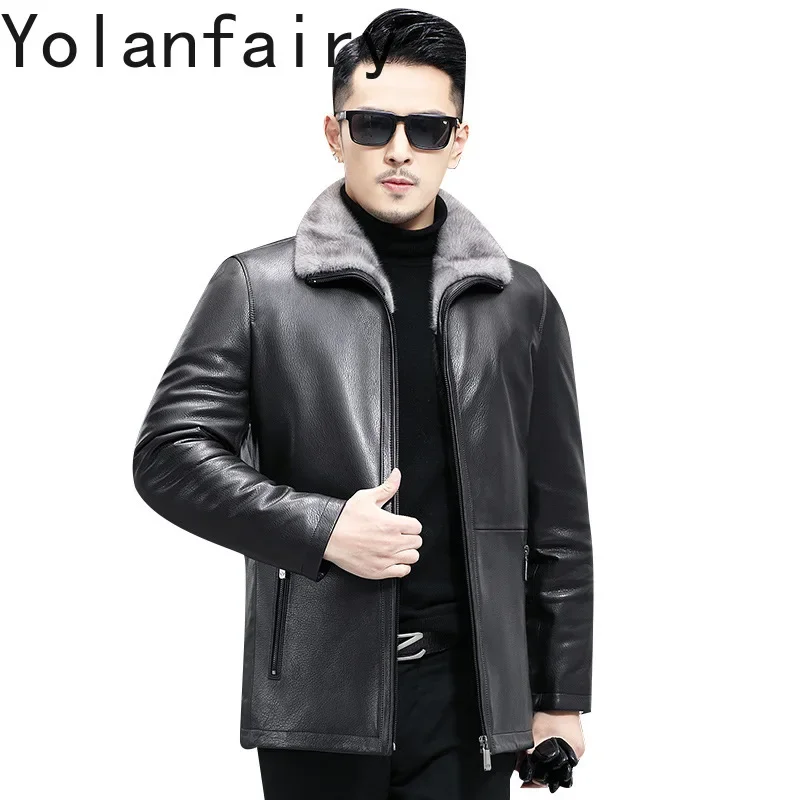 

YOLANFAIRY Genuine Leather Goat Skin Mens Jacket Fashion Winter Turn-down Collar Short Coats Mink Liner Clothes New Chaquetas