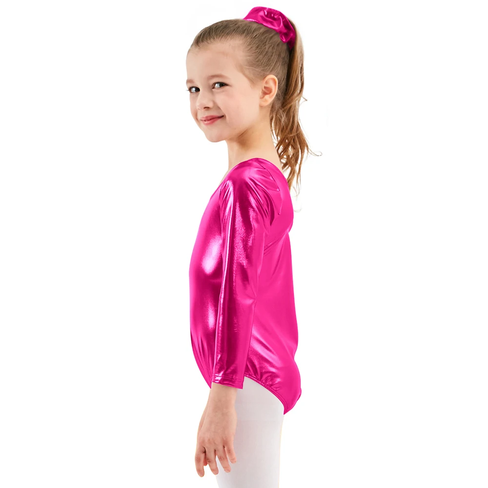 AOYLISEY Ballet Dance Shinny Metallic Leotards for Girls Gymnastics Bodysuit Long Sleeve Gold Rombers Spandex Costume Kids Wear