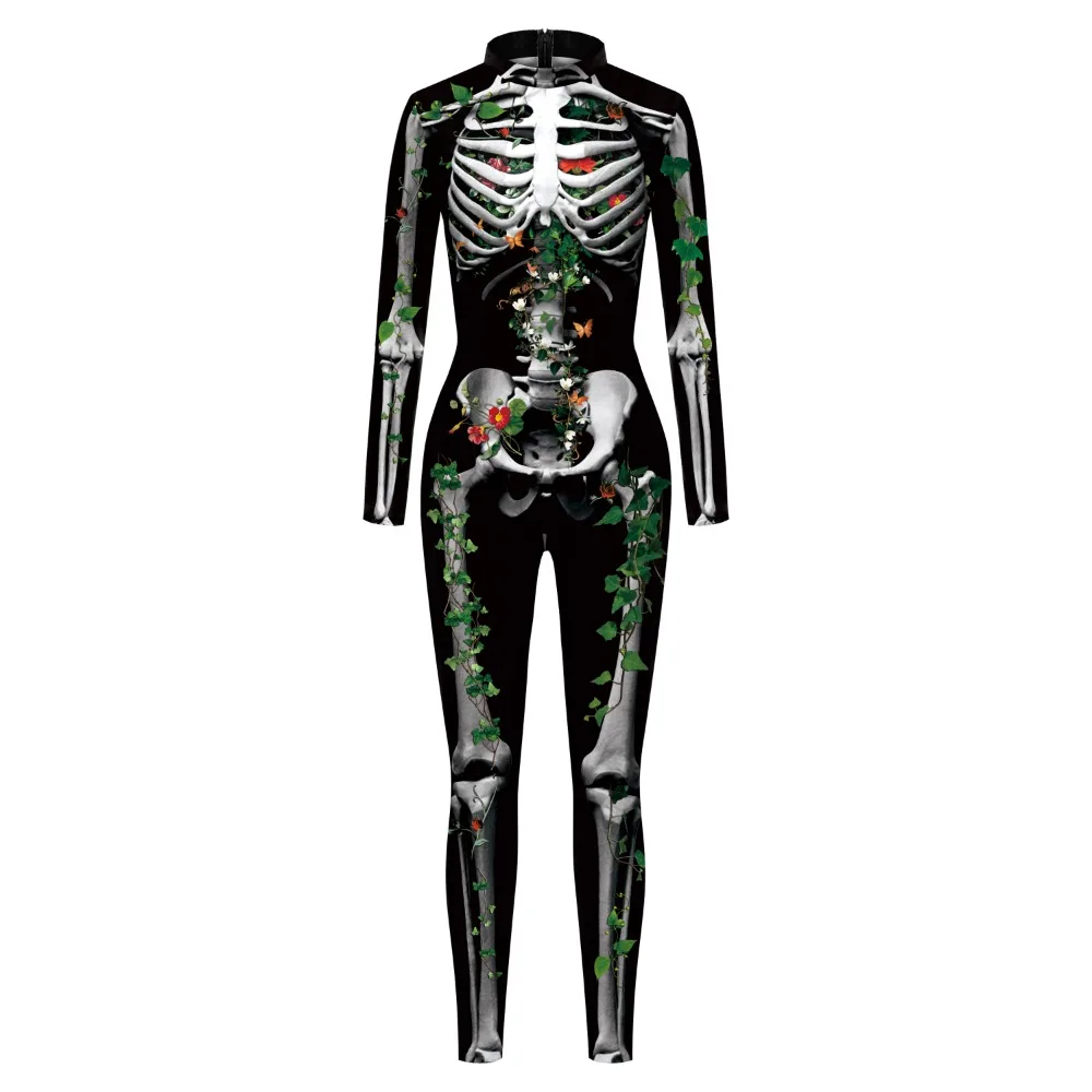 

AP Halloween Skull Skeleton Patterns 3D Printing Bodysuit New Performance Matching Outfit Long Sleeve Stage Slim Jumpsuit