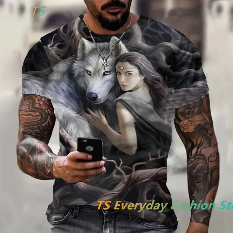 

2024 New Summer 3D Printed Wolf Summer Men's T-shirt Oversized Short Sleeve Top Pullover Fashion Men's Streetwear T-shirt T-shir