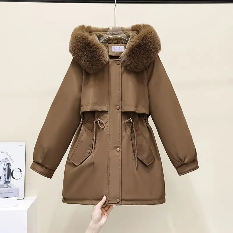 Nova gola de pele velo engrossado quente tamanho grande jaqueta para baixo algodão-acolchoado roupas femininas revestimento casual inverno alta rua