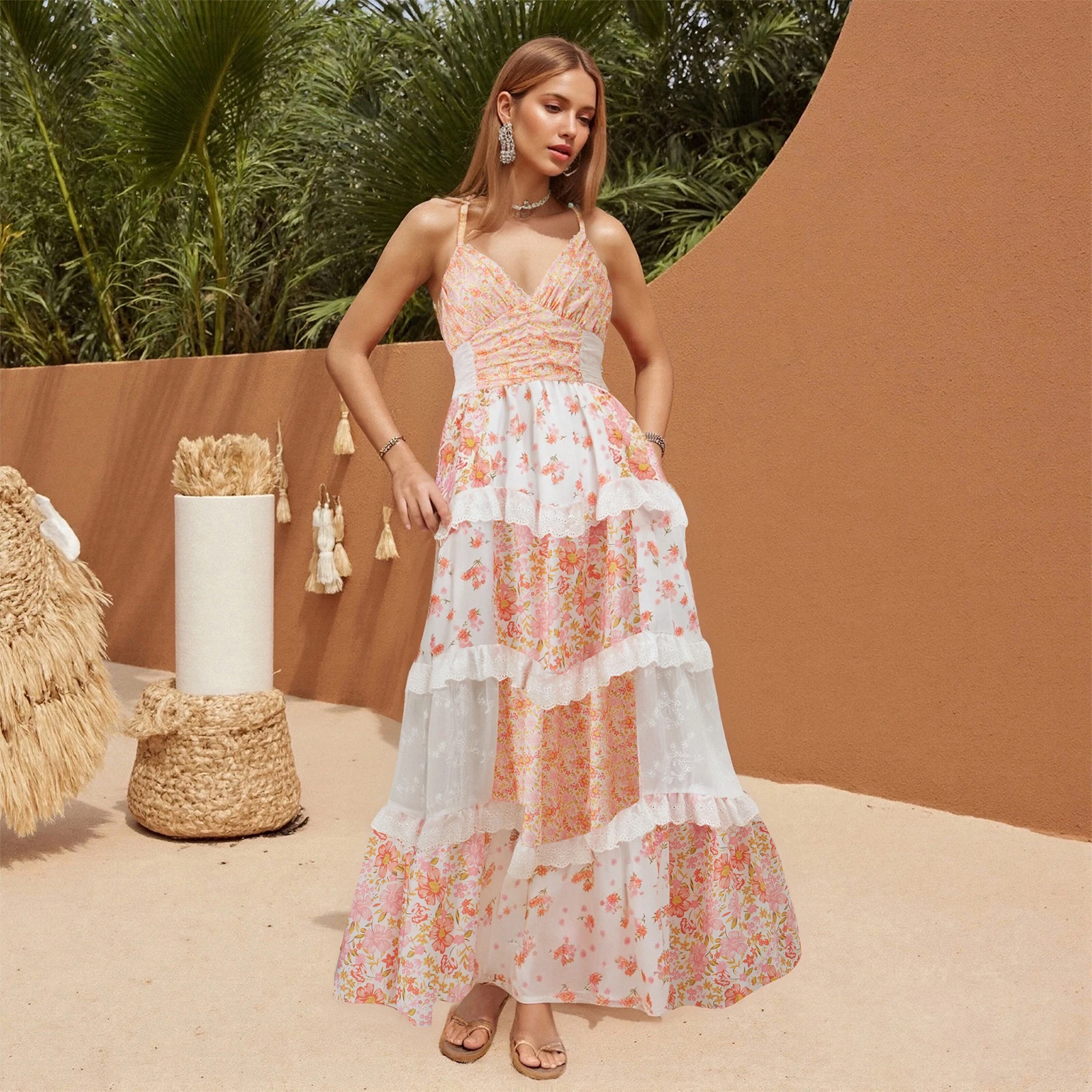 Vestido largo bohemio de verano para mujer, vestido largo con estampado Floral y tirantes finos, vestido informal sin mangas con cuello en V a la moda S M L