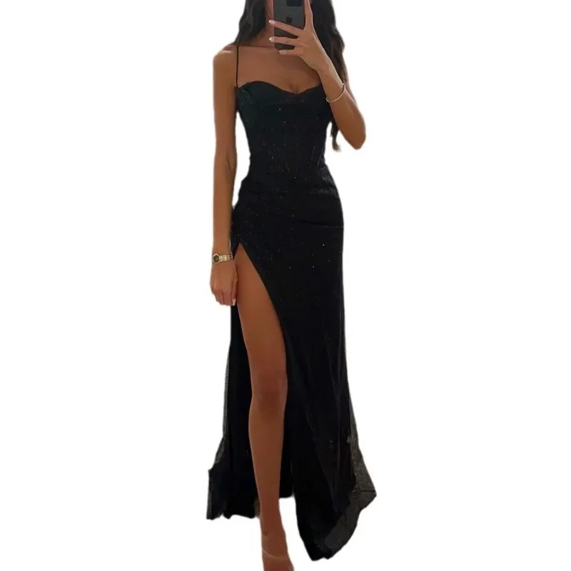 Women\'s S-XL size Party Fashion Suspender Dress with A Straight Neckline Sleeveless Solid Color Slim Fit Slit Casual Long Dress