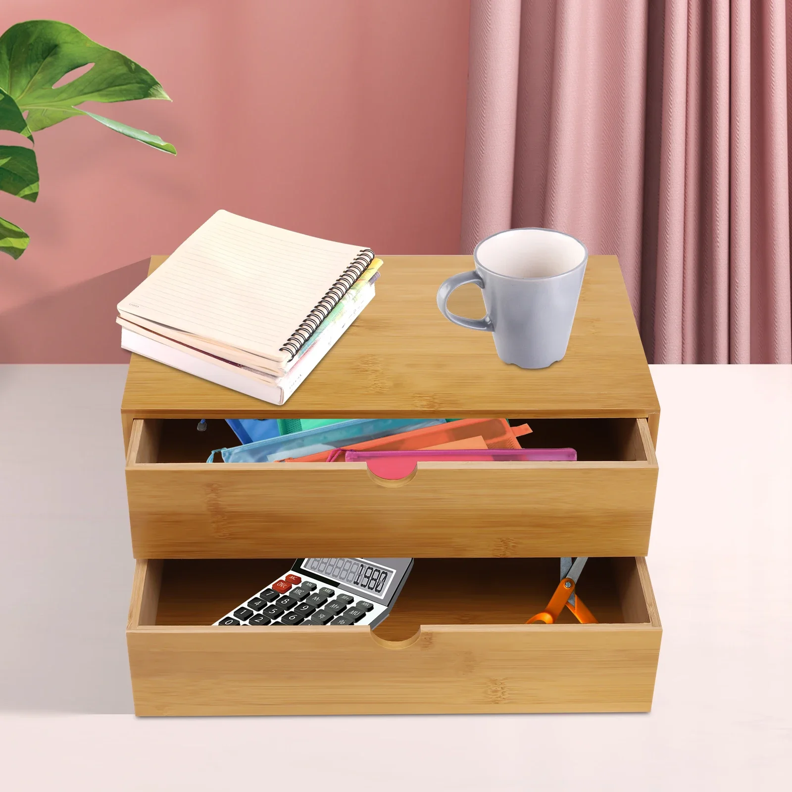 Classic 2 Tier Storage Drawers Desk Organizer Bamboo Tabletop Storage Organization Box For Office Home Chic Garage Tools