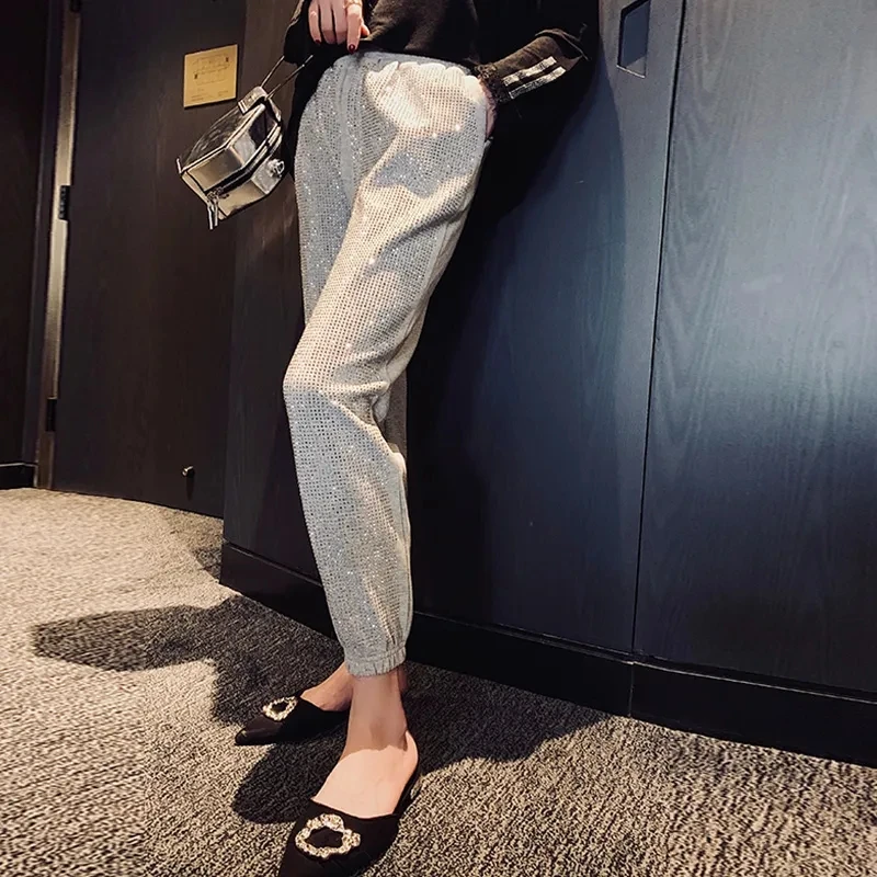 

2023 New Spring Autumn Hot Drilling Casual Pants Women Femme Loose Shiny Fashion High Waist Korean Style Pants Pantalones Muje