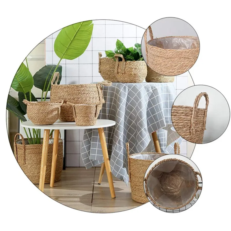3 Pack Nordic Woven Plant Baskets, Handmade Rattan Flower Pot Cover, Eco-Friendly Breathable Floor Planter Set for Indoor Decor