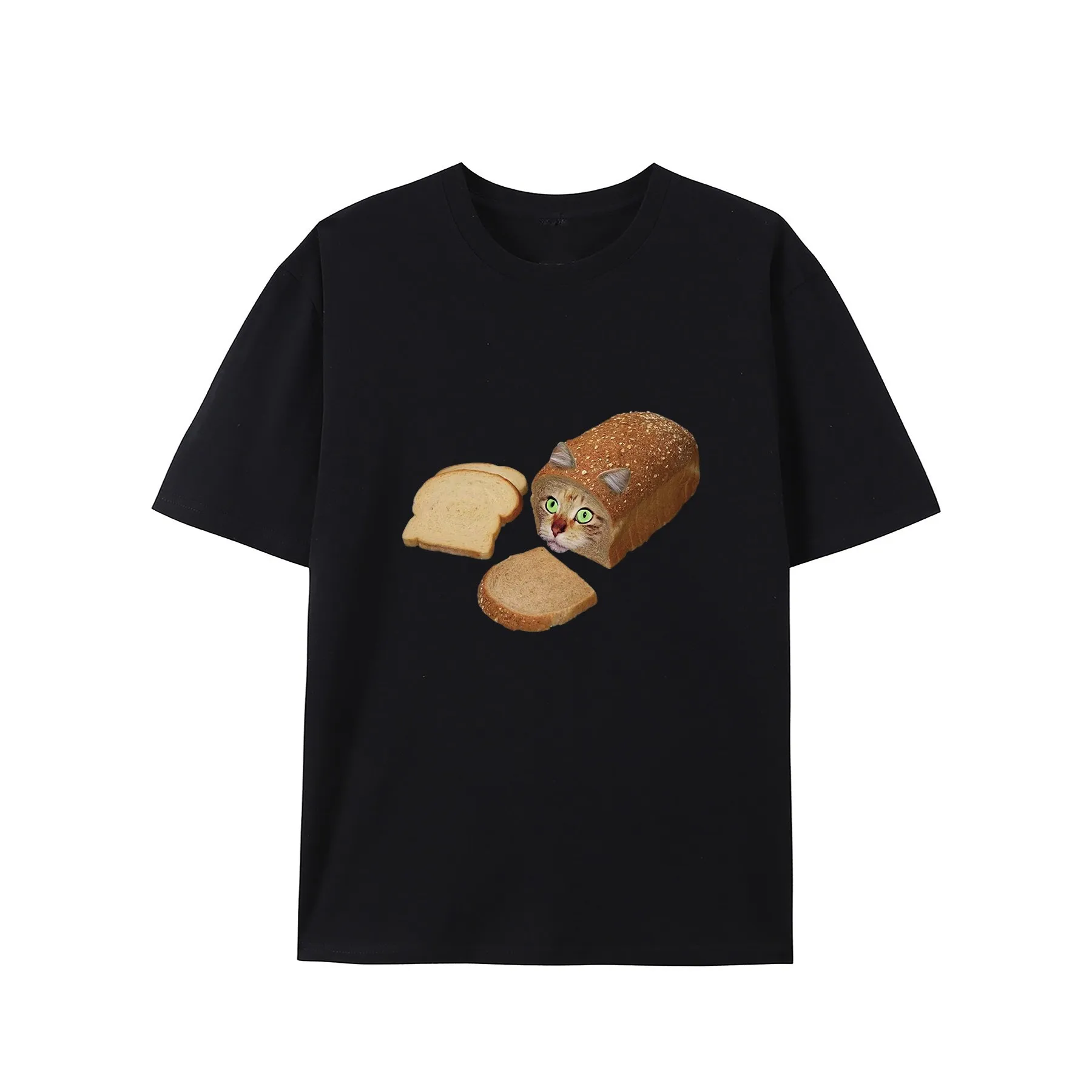 Funny Bread Cat Graphic Tee Men Casual Pure Cotton Crew Neck Short Sleeve T-Shirt