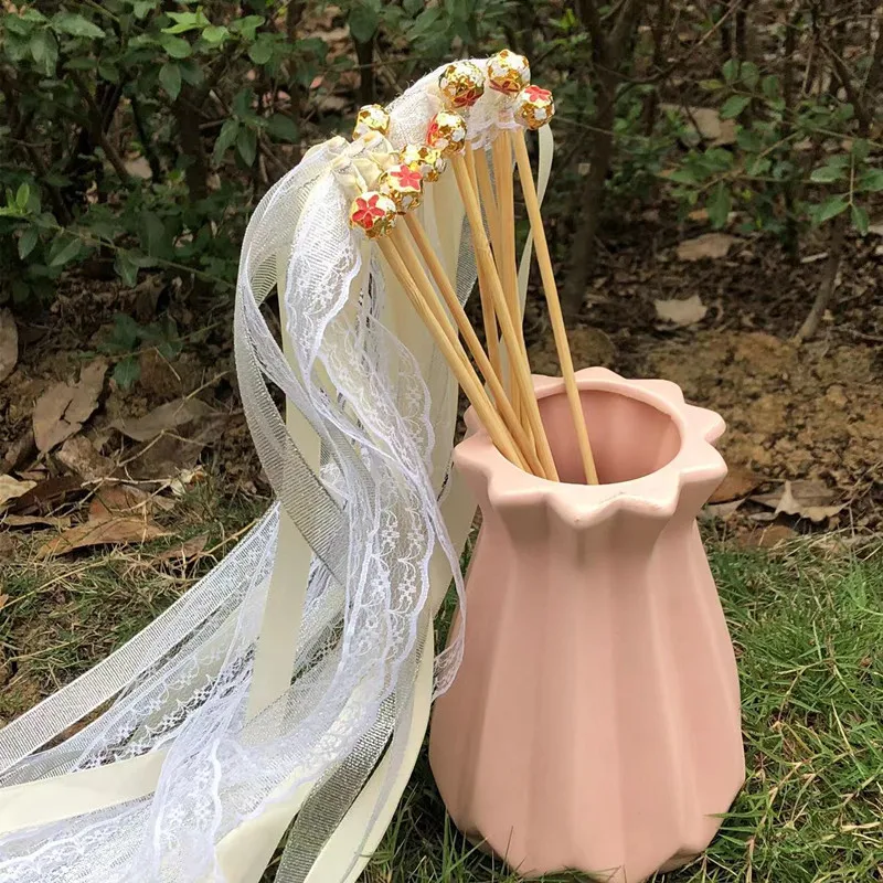 10/20pcs White Ribbon Magic Wand Fairy Wedding Wedding On The Wedding Whirl Lace Ribbon And Party Bells Wedding Cheer Props