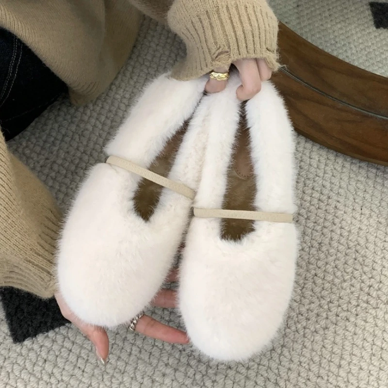

Novelty Autumn Winter Warm Fluffy Flats Women Round Toe Soft Mary Jane Shoes for Ladies Short Plush Comfort Ballet Flats Loafers