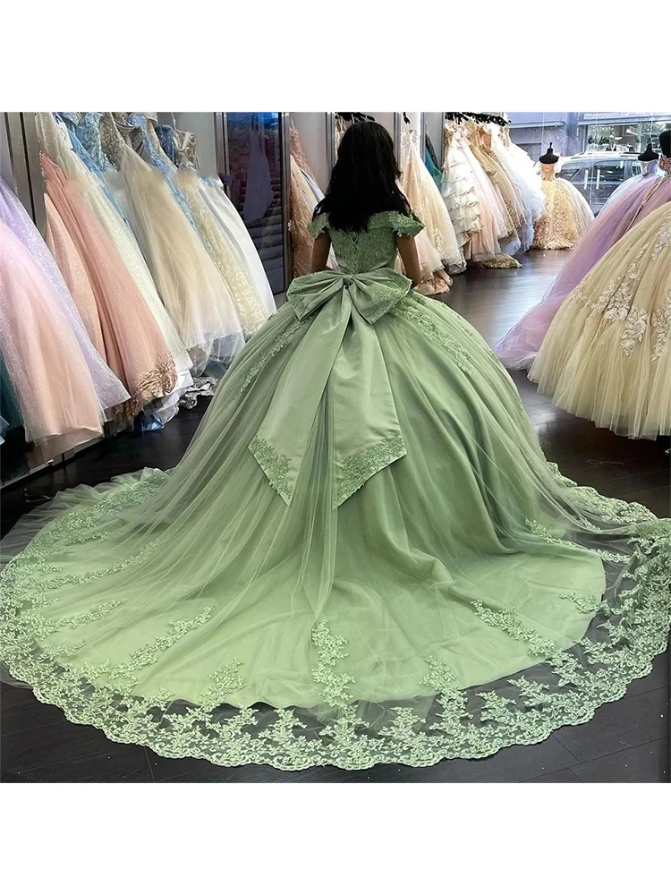 Mint Green Bow Quinceanera Dress, Back Appliques, Lace Ball Gown, Off the Shoulder Corset, Sweet Quinceanera Dress