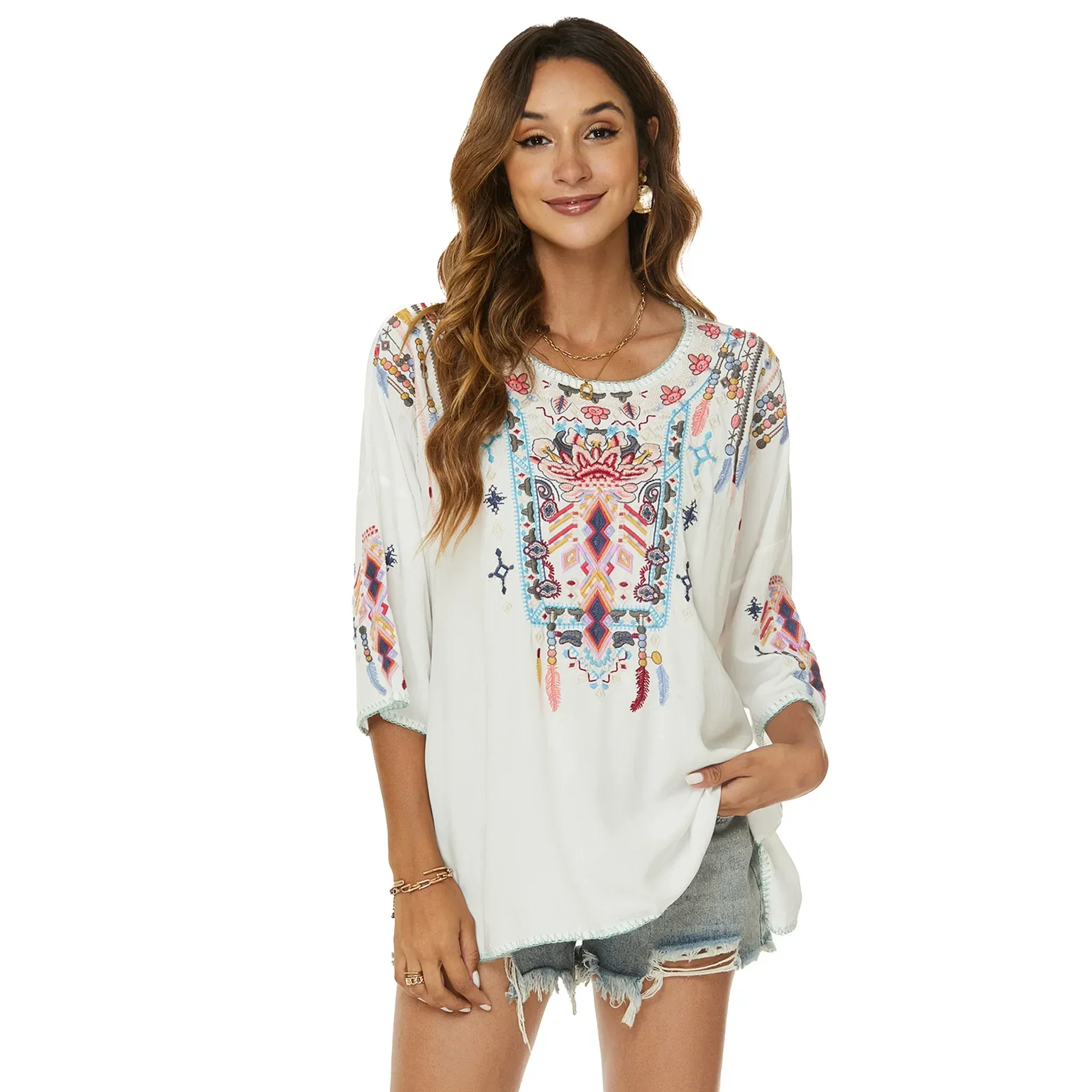 Boho Vintage White Ethnic Floral Embroidery Blouses Shirts Women Tops Casual V Neck Loose Blouse Summer Beach Blusas