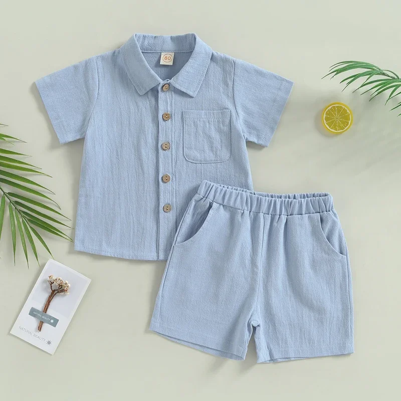 Baby Boy Summer Clothes Toddler Infant Short Sleeve Solid Cotton Linen T-Shirt Tops Casual Shorts Set 2Pcs Outfits