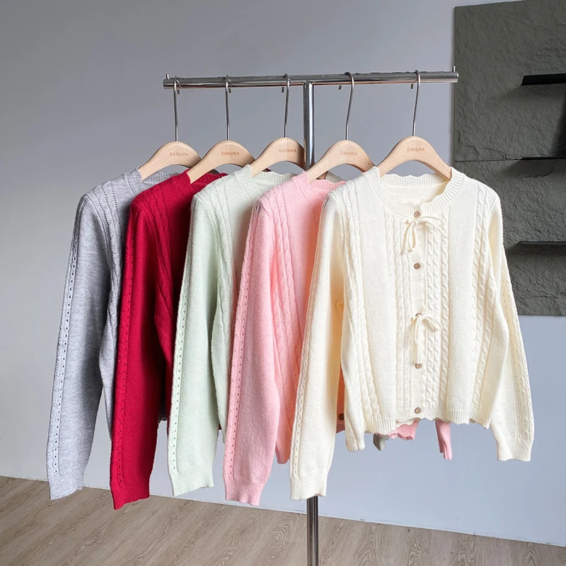 

Korean Sweet Bow Knitted Cardigan for Women Fashion Solid Color Long Sleeve Soft Sweater 2025 Autumn Gentle Loose Casual Tops