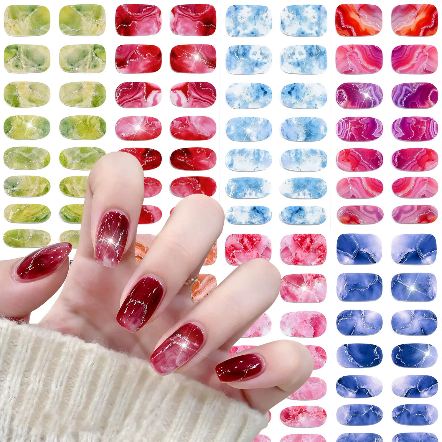 1sheet/16tips 3D Full Wrap Marble Nail Stickers Self-Adhesive Shiny Marble Gel Nail Strips Decals Gradient Nail Decals Bake-free