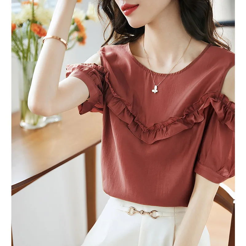 Stylish Solid Color Loose Ruffles Off Shoulder Blouse Female Clothing 2023 Summer New Casual Pullovers Office Lady Chiffon Shirt