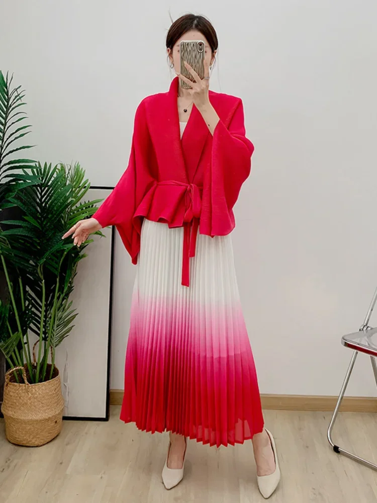 EGRM Gradient Pleated Fashion 2 Piece Set Women Belt Batwing Sleeves Tops A-line Folds Long Skirt Elegant Party New Sets 32C1389