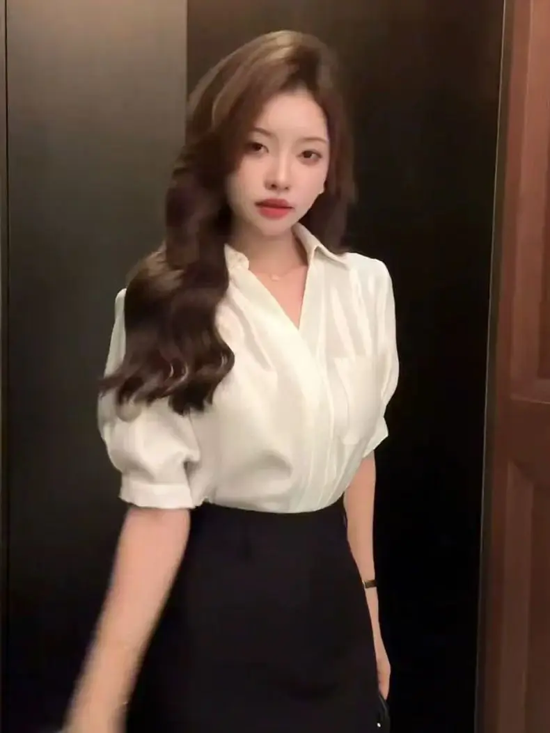 

Summer White Short-sleeve Shirt 2025 New V-Neck Chiffon Top Elegant Office Lady Clothes Tops High-end Shirt Fashion Blouses Chic