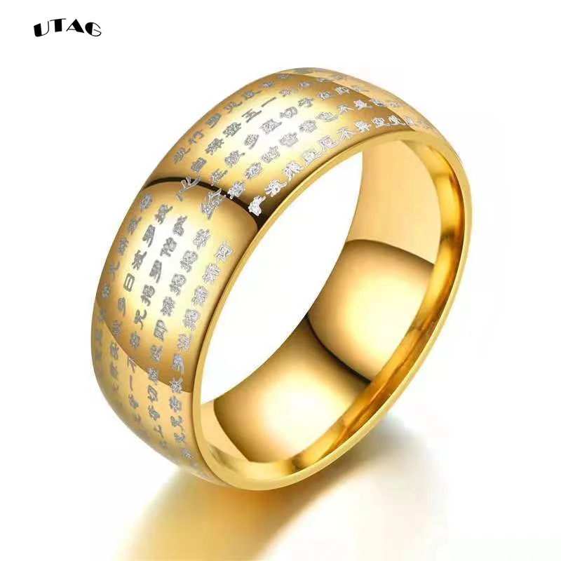 UTAG Ancient Chinese Buddhism Scripture Supernatural Mens Cool Signet Exorcism Rune Rings Stainless Thumb Buddha Ring