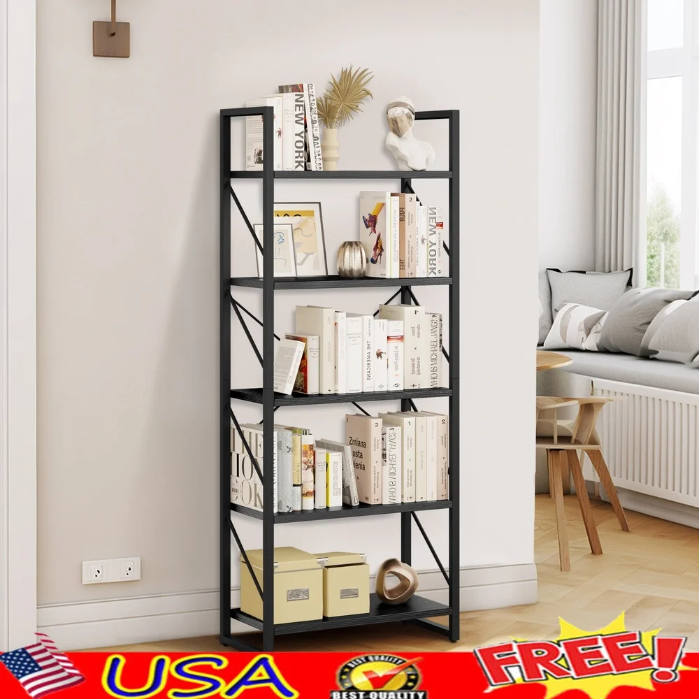 

5-Tier Freestanding Bookshelf Ladder Modern Storage Organizer Open Display Shelf Durable Particle Board Steel Frame Home Office