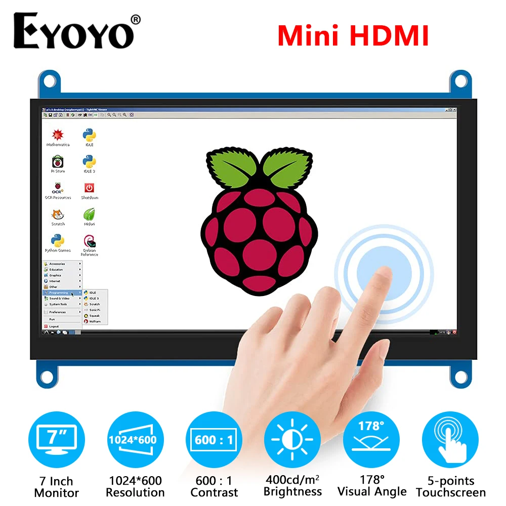 Raspberry Pi 4/3/2/1 Monitor 7 Inch LCD HDMI Display 1024x600 Ultra HD Capacitive Touch Screen Support Windows Linux Raspbian