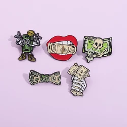 Creative Dollar Enamel Pins Skull Hand with Dollar Money Bill Brooches Lapel Badge Backpack Clothing Hat Accessories for Gift