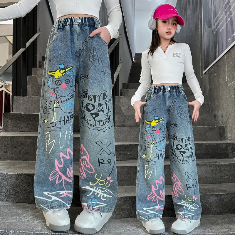 Kids Jeans for Girls Fashion Graffiti Dyeing Spring Autumn Children Casual Wide Leg Pants Street Trousers Teenager Girls Clothes